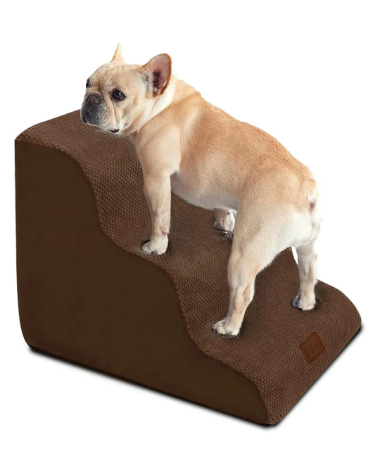 GGIB 3-Step Dog Stairs – Non-Slip Ramp for Small Dogs & Cats, Brown