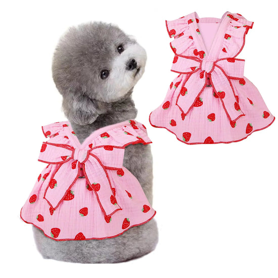 Pink Strawberry Print Dog Dress with Leash Ring