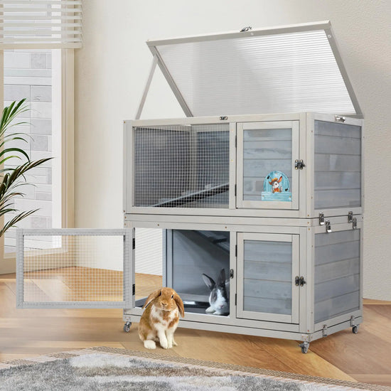 2-Story Wooden Rabbit Hutch – Indoor/Outdoor Bunny Cage with Wheels & Tray, Grey